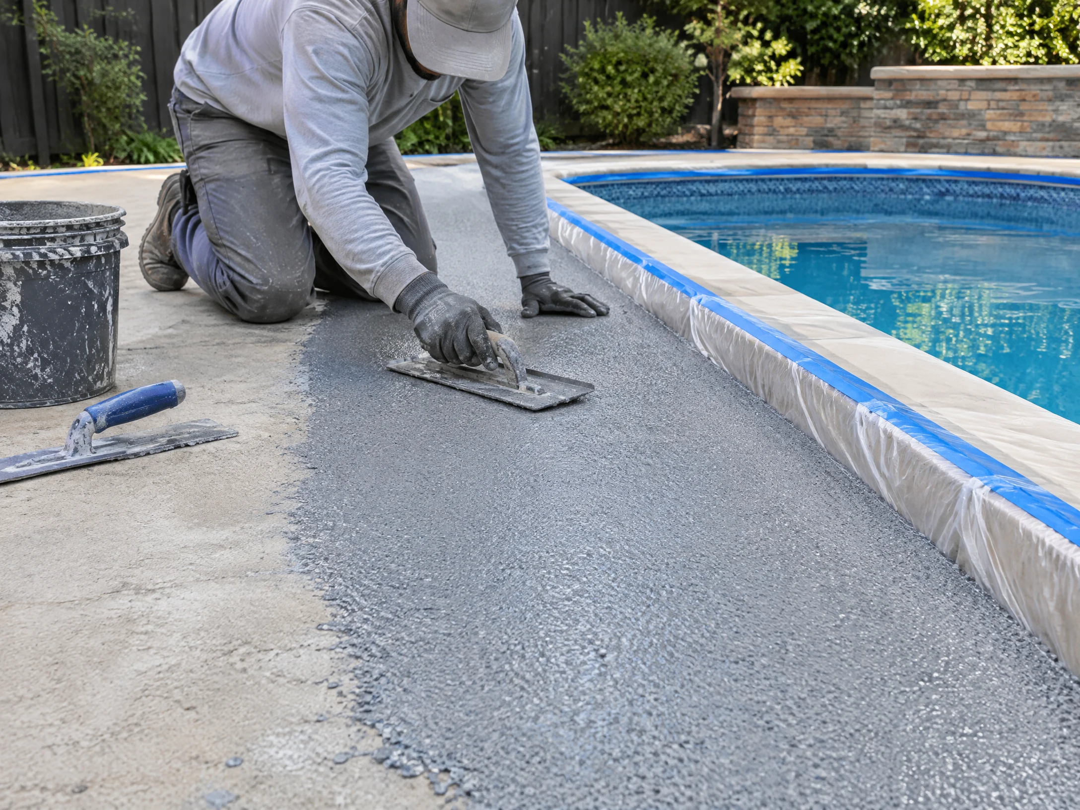 Pool Deck Resurfacing Concrete application detail without branding